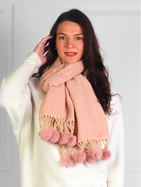 Cashmere Feeling Zig Zag & Rose Scarf with Pom-Poms